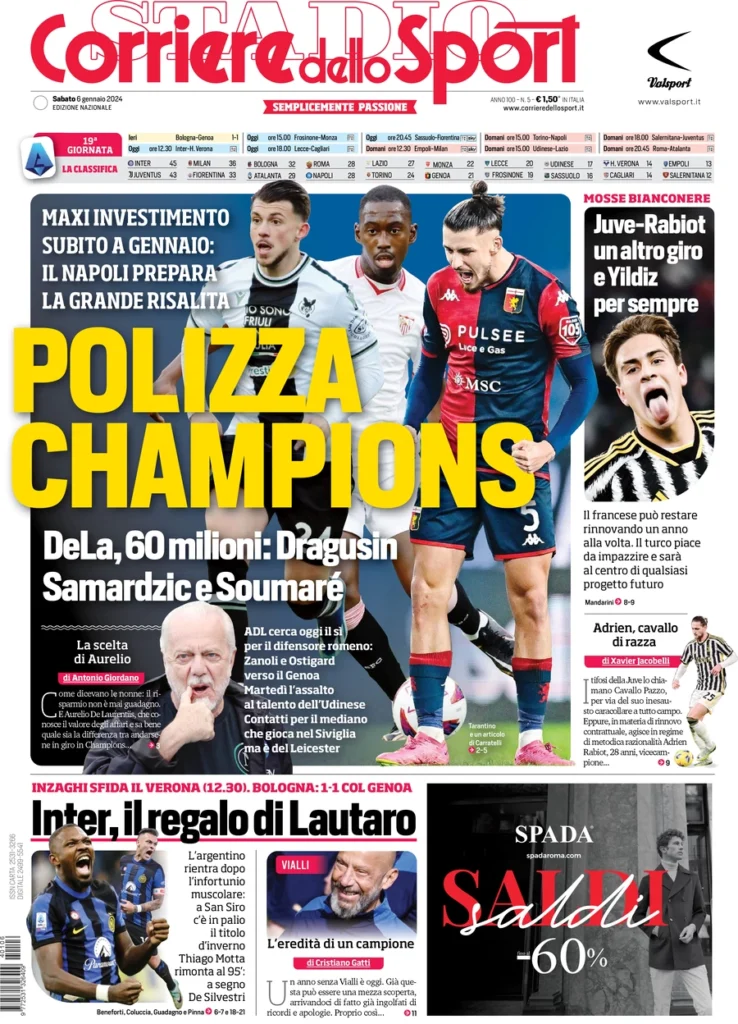 Prima pagina Corriere dello Sport 6 gennaio 2024