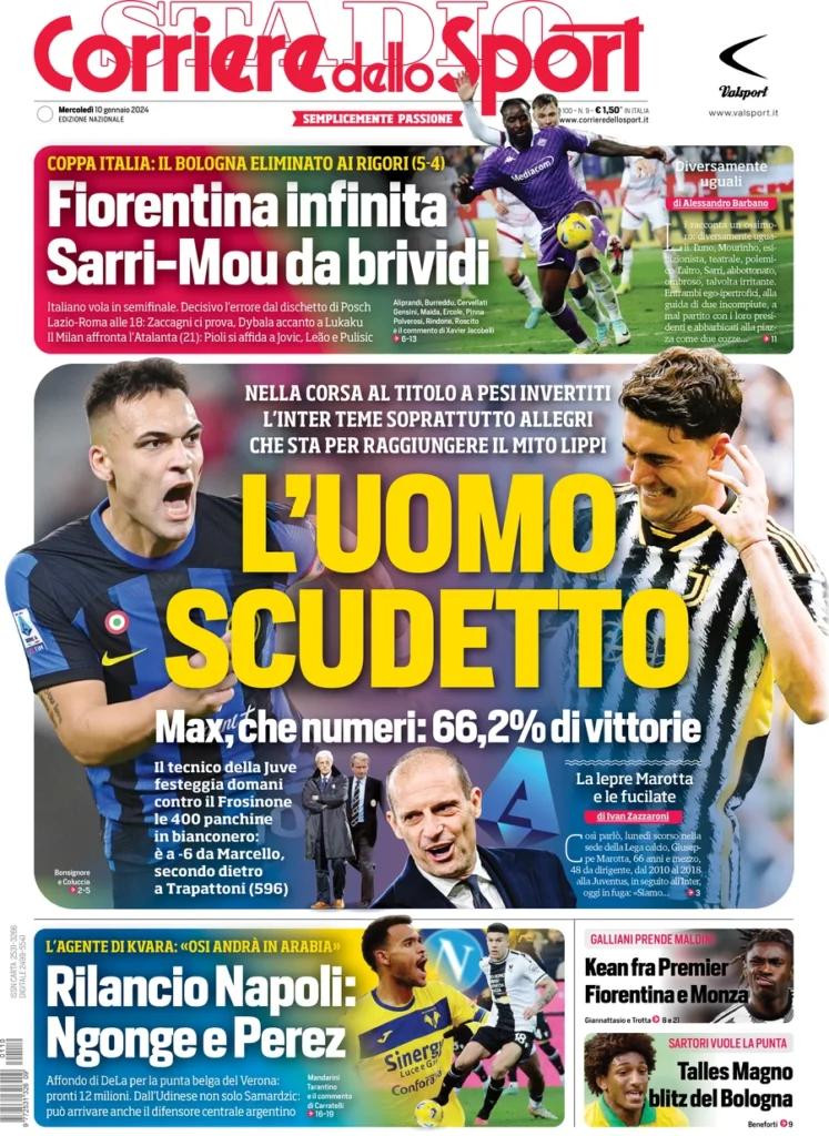 Prima pagina Corriere dello Sport 10 gennaio 2024