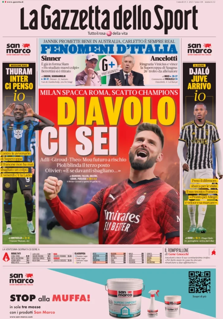 Prima pagina La Gazzetta dello Sport 15 gennaio 2024