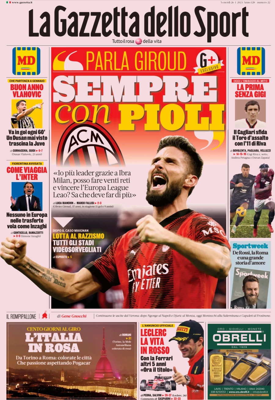 Prima pagina La Gazzetta dello Sport 26 gennaio 2024