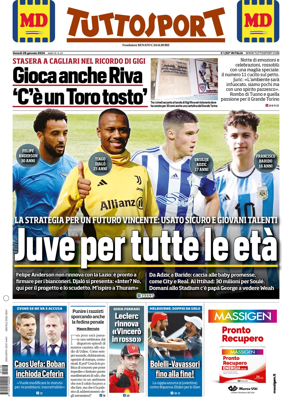 Prima pagina Tuttosport 26 gennaio 2024