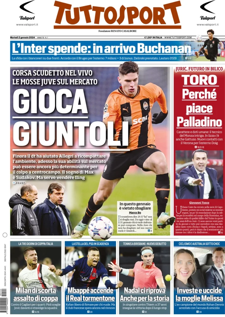 Prima pagina Tuttosport 2 gennaio 2024