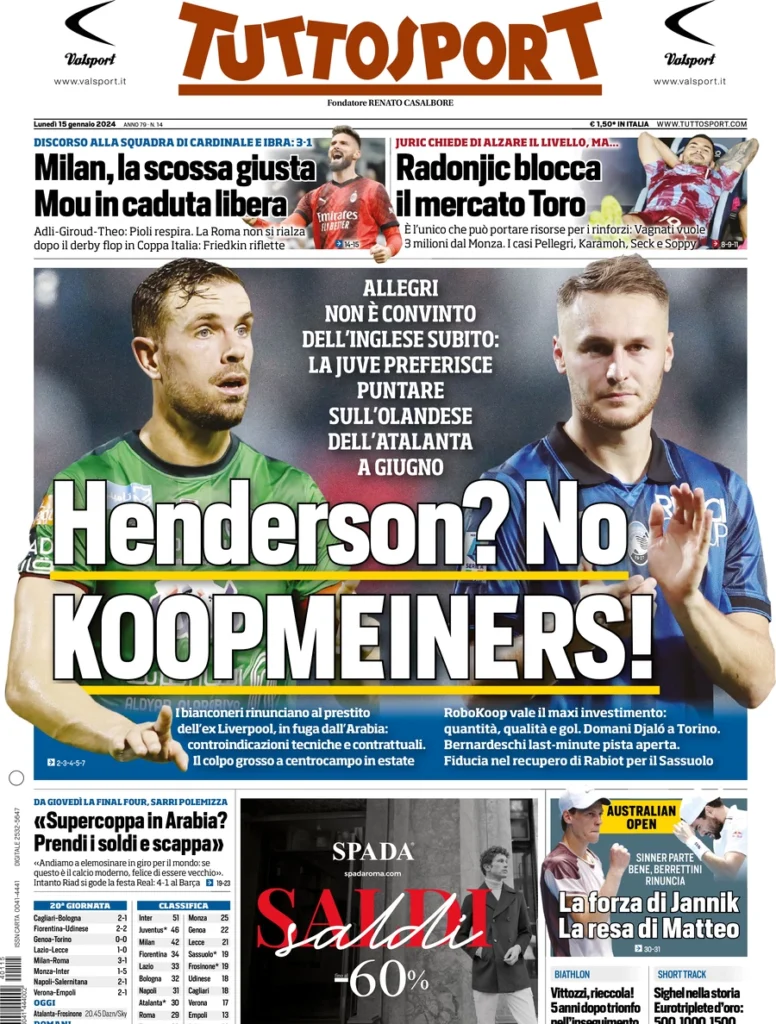 Prima pagina Tuttosport 15 gennaio 2024