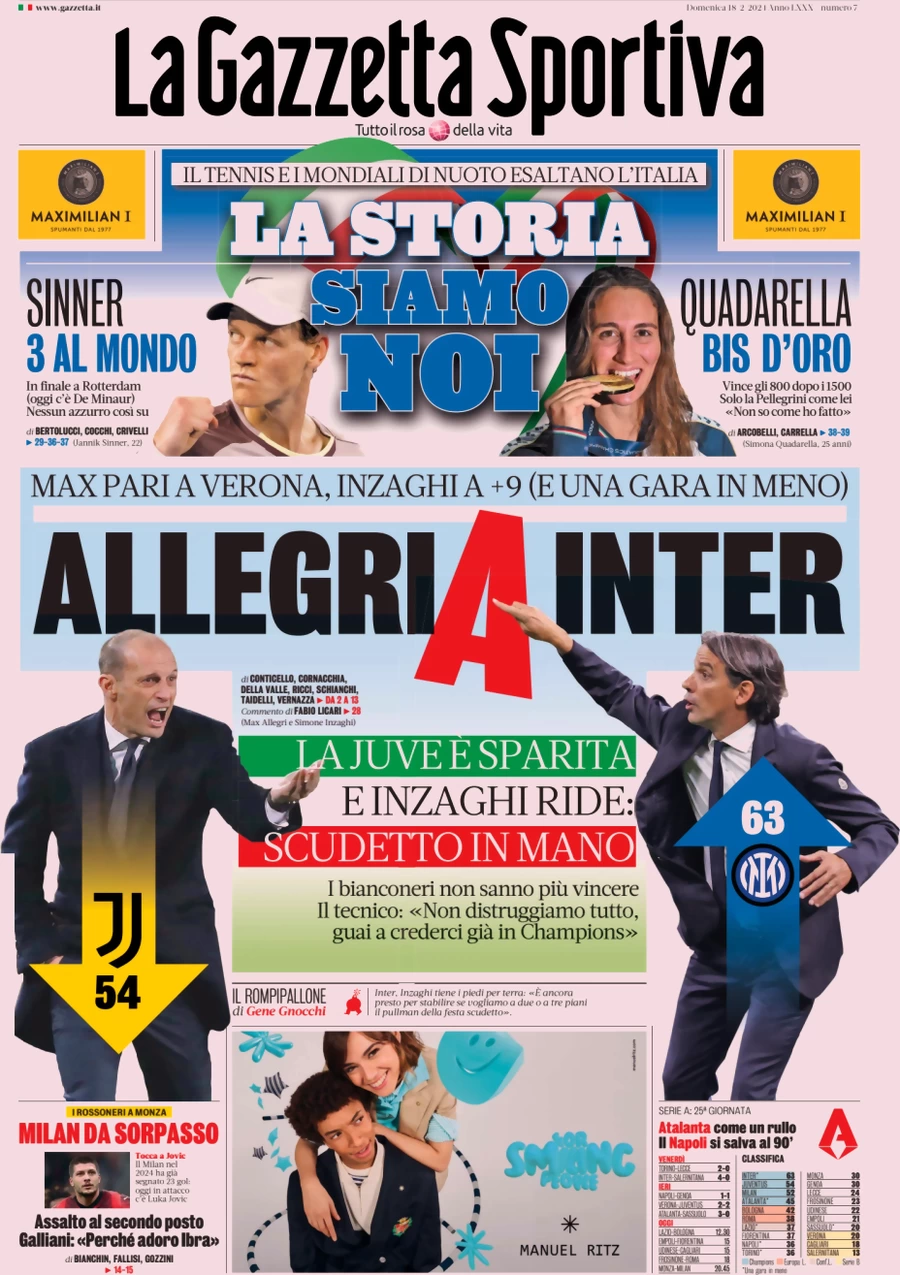 Prima pagina La Gazzetta dello Sport 18 febbraio 2024