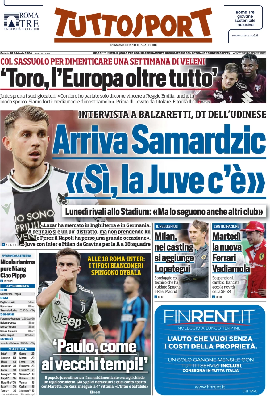 Prima pagina Tuttosport 10 febbraio 2024